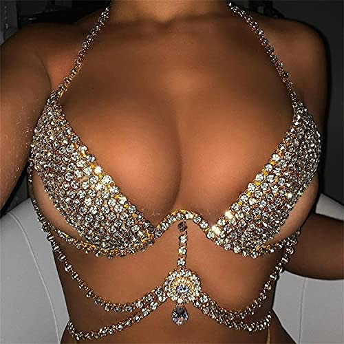 Sexy Diamant Brustkette BH Glänzend Strass Körperkette Kristallkette Bikini Brustschmuck Sexy Dessous Nachtclubkleidung (Silber)