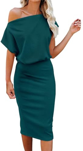 Dressmine Wedding Guest Dresses for Women UK Evening Dress Off The Shoulder Short Sleeve Bodycon Elegant Cocktail Dresses Green Size 12