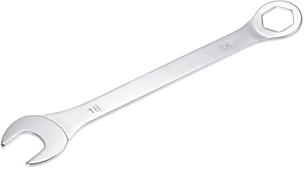 sourcing map Llave combinada delgada con extremo acodado de 6 puntas y extremo abierto en ángulo, sistema métrico de acero al carbono cromado espejo, 18 mm