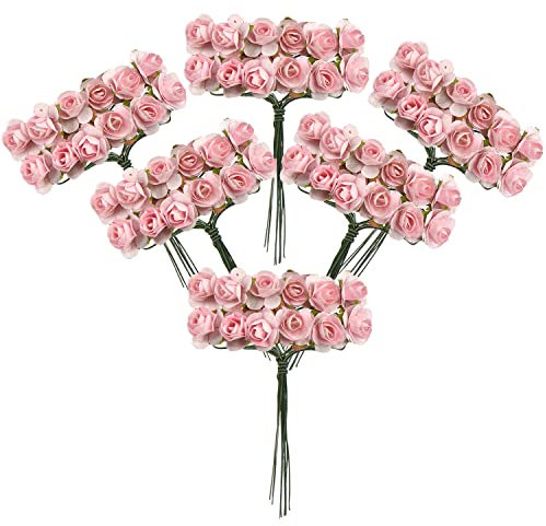 CCINEE Mini-Papierblumen, Maulbeerpapier, 1,27 cm, künstliche Rosen mit Stiel, für Bastelprojekte, Scrapbooking, Hochzeitsdekorationen (Rosa), 144 Stück
