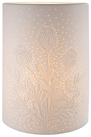 GILDE Deko Lampe aus Porzellan - Motiv: Mohnblume - weiß mit Lochmuster - Höhe 28 cm