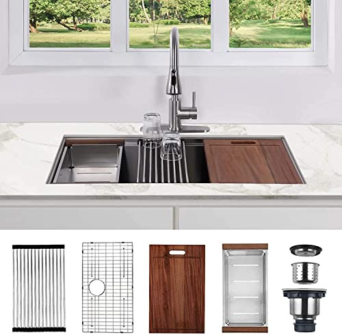 30 inch Undermount Workstation Sink, Hausinluck Stainless Steel Undermount Kitchen Sink 18 Gauge, Handmade Single Bowl Kitchen Sink Round Corner with Integrated Ledge and Accessories (Pack of 5)