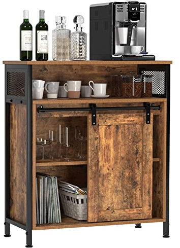 DlandHome Buffet de Salle à Manger avec Porte Coulissante, Placard de Cuisine Bas, Meuble de Rangement Salon avec Étagère, Commode Armoire de Rangement Bureau Rustique Marron/Noir