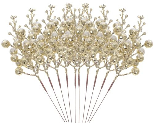 VANZACK Künstliche Weihnachts-Beerenstiele Künstliche Schneeflocken-Beerenzweig-Arrangements Dekorative Girlanden DIY-Weihnachtsbaum-Festdekorationen 10 Stück (Golden)