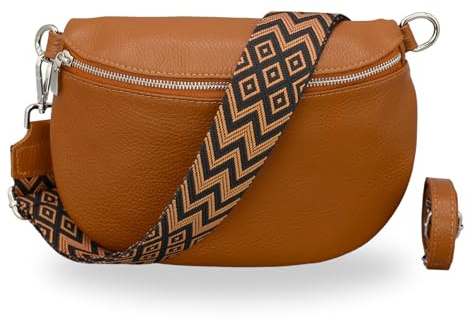 Brise Art Bauchtasche Damen Echtleder AFIA Silber Handgemachte Umhängetasche Crossbody Bag mit Ledergurt + Optionalen Breiten Gemusterten Riemen 3 Fächer Made in Italy (Cognac Braun-Silber 2)