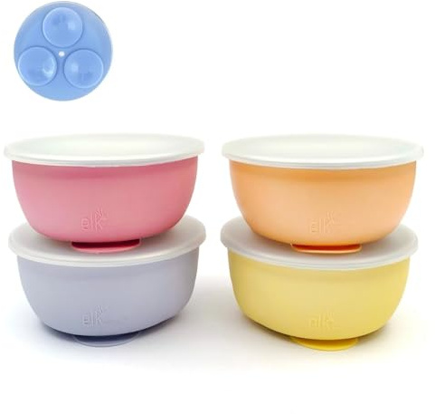 Elk and Friends Edelstahlschüsseln mit Silikonhülle für Babys und Kleinkinder, Deckel inklusive, Saugnapf zum Festhalten, Müsli- und Snackschalen, 4er-Pack