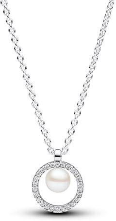 PANDORA Timeless Behandelte Süßwasserzuchtperle & Pavé Collier-Halskette aus Sterling Silber mit Zirkonia Steinen, Größe 45cm, 393165C01-45
