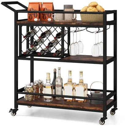 GOPLUS Servierwagen mit 3 Ebenen, Küchenwagen mit Flaschenregal & Glashalter, Küchenregal mit Griff & Ablagen, Barwagen mit Rollen, Weinwagen Rollwagen für Küche & Wohnzimmer(Rustikales Braun)