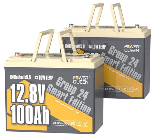 Power Queen LiFePO4 12.8V 100Ah Batterie 2er-Pack für Wohnmobil | Group 24, Bluetooth, Low-temp Protection, Deep Cycle Lithium Batterie, für Camping, Boote, Solaranlagen, Off-Grid