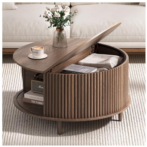 JOINICE,Round Coffee Table with Storage, 31.5 Fluted Center Table for Living Room, Modern Walnut Wood Circle Drum Table with Sliding Cabinet Door, Mid Century Furniture for Small Space