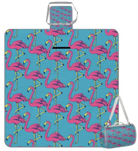 Mularoka Picknickdecke mit niedlichem Flamingo, wasserdicht, sanddicht, faltbar, Stranddecke, 150 x 145 cm, extra groß, tragbar, waschbar, Outdoor-Matte für Camping, Park, Gras, Wandern, Reisen