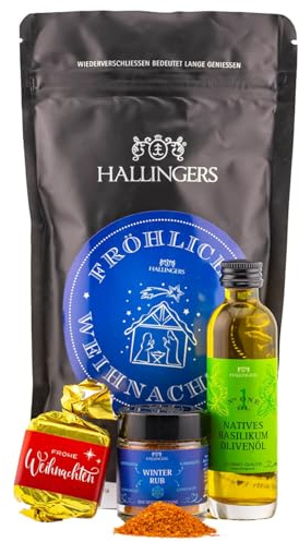 Hallingers Genuss Manufaktur Feinkost Weihnachts-Geschenk-Set - wertig in der Wundertüte Fröhliche Weihn... kleines Mitbringsel mit Nougat-Busserl, Oliven-Öl & Gewürz, Weihnachten für Frauen Männer