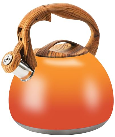 Foedo Tea Kettle Stovetop, 3.2Qt Stainless Steel Tea pots with Wood Grain Handle Food Grade Whistling Tea kettle,Induction/Gas Stoves (Orange-Red Gradient)