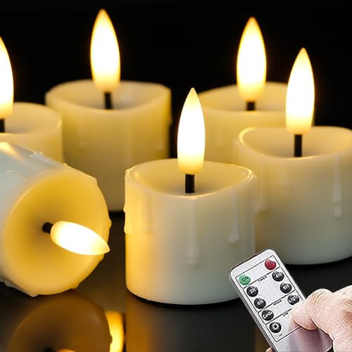 Yeelida Flammenlose Fernbedienung & Timerfunktion 4cm x6,5cm Kunststoff LED Kerzen mit 6x Batterien, Packung mit 6 Batteriebetriebenen Flackernden Elfenbein Tropfenden Wachs Design Kerzen