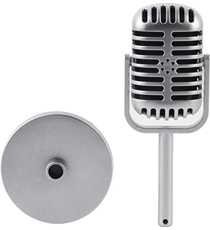 Jwthee Micrófono de utilería, Modelo de Accesorios de micrófono Vintage, micrófono de plástico Falso, Adorno de Mesa de Escenario, micrófono de simulación con Soporte para decoración de (Silver)