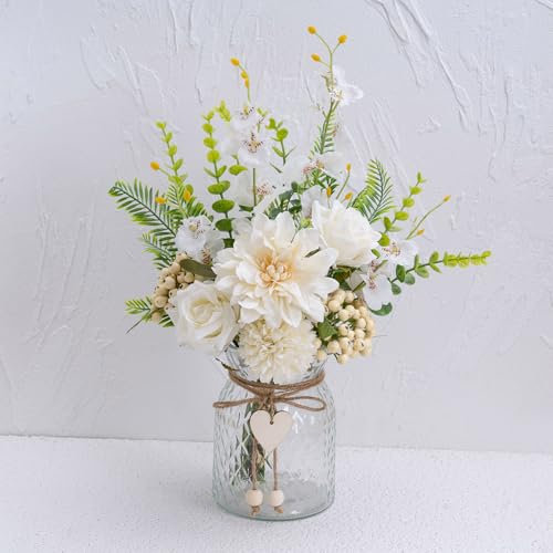Faux Flowers with Vase, Artificial Silk Flowers in Vase, Fake Plant Eucalyptus, White Rose and Dahlia, Arrangement for Home Spring Decor Dining Table Centerpiece Decorations Coffee Table Decor