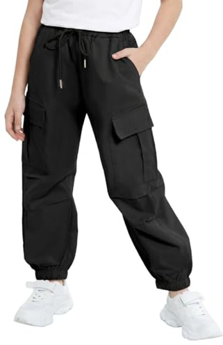 JiAmy Girls Cargo Trousers Drawstring Elastic Waist Kids Casual Baggy with Multi Pockets Trouser Dance Y2k Hip-hop Pants for 13 Years, Black