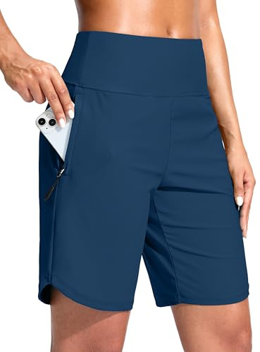 G Gradual Women's 9 Long Swim Board Shorts with Zipper Pockets High Waisted Knee Length Beach Swimming Shorts with Liner (Dark Blue,M)