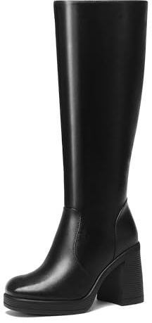 Glamnest Black Knee High Boots For Women Black Leather Boots PlatForm Boots Square Toe Chunky Block Heeled Gogo Boots Tall Boots 8.5