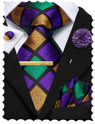 Hi-Tie Herren-Krawatten-Set, Krawatte und Einstecktuch, Manschettenknöpfe, Blume, Anstecknadel, Clip, Set für Hochzeit, Business, 4 Stück, Lila, Grün, Gold, M