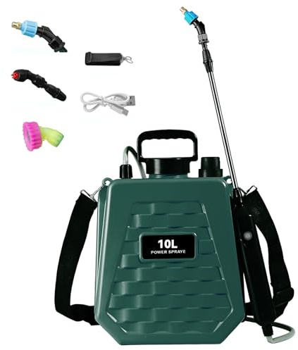 Pulverizador eléctrico de 5 litros con batería recargable por USB, mango para exteriores, 3 boquillas nebulizadoras, pulverizador portátil de jardín con varilla retráctil (10 L, verde)