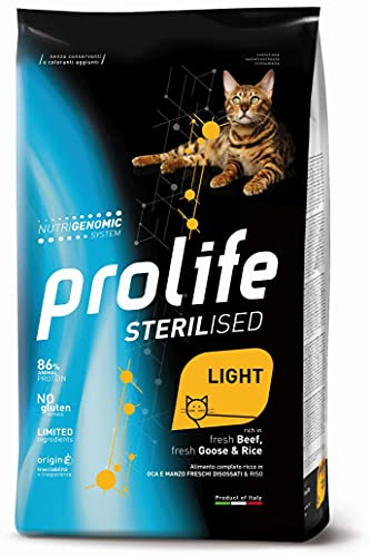 Chat Prolife Stérilisé Light Grainfree Adult, oie, boeuf et riz, aliment sec complet pour chats stérilisés de toutes tailles, sans céréales, lot de 1,5 kg.