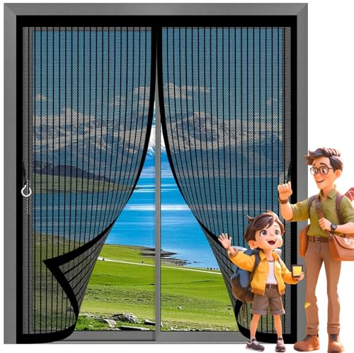 Mosquitera Magnetica 151 x 180 cm Mantiene El Aire Fresco, Cierre Automático, Malla Fina, Transpirable Cortinas Termicas Aislantes para Múltiples Tipos de Ventana, Negro