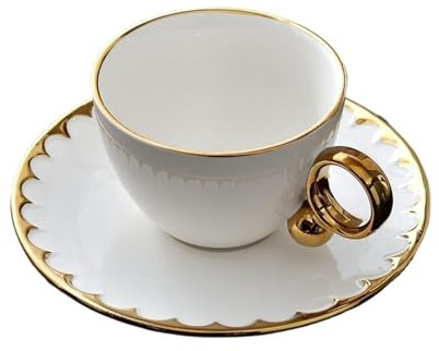 LOVSSU Taza Y Plato Juego de Taza y Plato de café de cerámica de 100/200 ml con Borde Dorado y Cuchara de cerámica. para Decorativas(100ml Gold)
