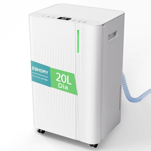 EUHOMY Deshumidificador 20L, interior 50㎡, con Silencioso, Bajo Consumo, Modos Automático/Secado/Descanso, Temporizador 24H, Pantalla de Humedad, 4,5L Depósito Extraible, Drenaje Continuo