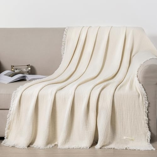 WONGS BEDDING Musselin Decke 150x200-100% Baumwolle Weiche Hautfreundliche & Atmungsaktive Tagesdecke, Bettüberwurf Couch Überwurf - leichte Kuscheldecke Couchdecke für Bett Sofa, Beige