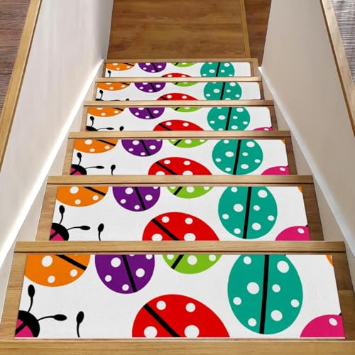 RODAILYCAY 15 gradini antiscivolo per gradini in legno, tappeti per scale, coccinelle colorate in stile cartone animato, tappetini per scale per interni, tappetini di sicurezza per anziani, bambini e