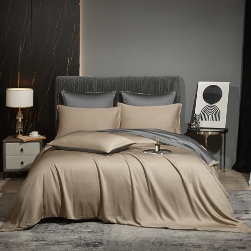Luofanfei Parure de lit Bambou 240 x 260 Kaki Gris Adulte 2 Personnes Unie Lyocell Housse de Couette Soie Lisse Soyeux Brillant Ensemble Literie avec Fermeture éclair et 2X 65x65cm Taies d'oreiller