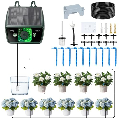 Snorthy Garten-Tropfbewässerungssystem, 10 m, 3,5 V, 400 ml/min, solarbetriebene automatische Pflanzenbewässerungsvorrichtung mit Zeitschaltuhr für Balkon, Gewächshaus, Zimmer- und Gartenpflanzen