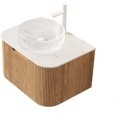 dowowdo Lavabo da 61 cm, con lavello in cristallo e pannello sinterizzato Carrara, mobili da bagno sospesi con parte anteriore in legno naturale curvo e cassetto, preassemblato