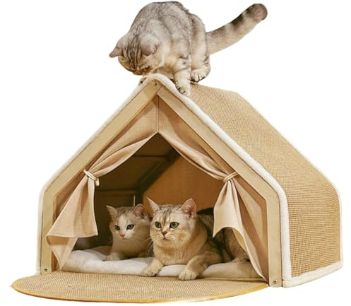 Katttält, med klösbräda i sisisal,trä och sisal,kattungesäng, inomhus katthus, varm sluten design, för vardagsrum sovrum vinter