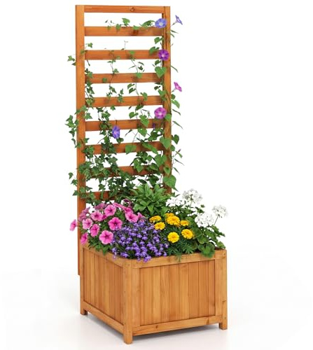 COSTWAY Cama de Jardín Elevada de Madera con Enrejado, Macetero Elevado con Orificios de Drenaje y Espacios para Plantas Trepadoras, Flores y Verduras, Macetero para Interior y Exterior (Naranja)