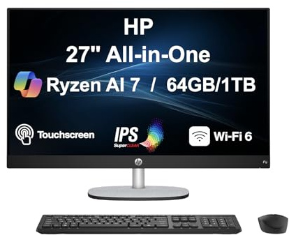 HP 27 AI PC All-in-One 27 Touchscreen IPS FHD Display (AMD Ryzen AI 7 350, 64GB DDR5, 1TB PCIe SSD, AMD Radeon, WiFi 6, Webcam, Bluetooth 5.4, Win 11 Pro)