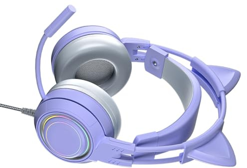 ERYUE Cat Ear Gaming Headset with Cute Removable Ears for Girls, Noise Reduction Mic, All Wrapped Earcups for PC (Purple)