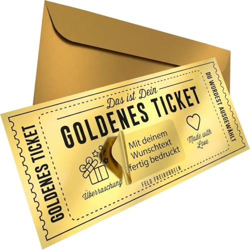 Adventino Goldenes Ticket Gutschein mit Wunschtext zum Freirubbeln – Personalisierter Geschenkgutschein fertig bedruckt inkl. Rubbelaufkleber & Umschlag – Geschenkidee Geburtstag Hochzeit Weihnachten