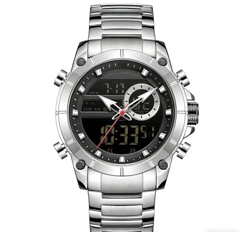 Reloj para hombre, analógico-digital, correa de acero inoxidable plateado, esfera negra, impermeable, estilo deportivo