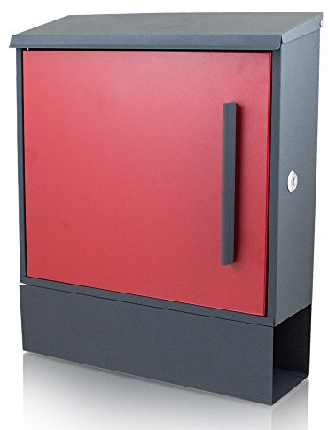 BITUXX® Wandbriefkasten Design Briefkasten Postkasten Dunkelgrau mit Zeitungsfach Roter Front Schloss seitlich