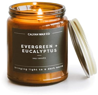 Calyan Wax Co. Evergreen & Eucalyptus Scented Candle - 57 Hour Burn - Luxury Non Toxic Soy Wax Candles - Long Lasting Amber Glass Jar Candle for Home - 7.2oz