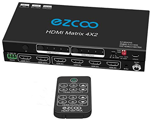 HDMI Matrix 4x2 4K 60Hz HDR Vision Atmos EDID Scaler Switch - Scale 4K 1080P, Firmware Upgrade HDCP 2.2 HDMI 2.0 Matrix 4 in 2 Out 18 Gbps, RS232, IR EXT.