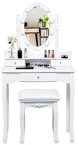 COSTWAY Toeletta da Trucco, Set Tavolo e Sgabello da Trucco, Specchio con 10 Luci LED, Toeletta Multifunzionale con 3 Cassetti, Specchio Rotante a 360⁰, Postazione Make-up Moderno (Bianco)