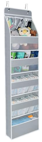 KEEGH Over Door Hanging Storage Over The Door Organiser 5 Large Compartments with Window 3 Clear Pockets Foldable Hanging Storage For Diaper, Towels And Toys. Grey