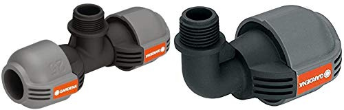 Dérivation en T Mâle Gardena : Raccord pour Arroseurs Escamotables, 25 mm X 3/4 & Coude 90° Mâle de Gardena : Pièce pour Raccordement à l'Extrémité du Tuyau, 25 mm X 1/2