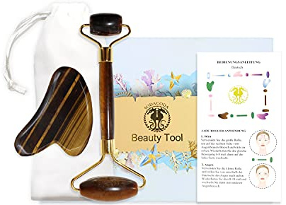 Sodacoda Gua Sha Set - Tradionelle Chinesische Beauty Gesichtsmassage - Halbedelstein Schaber und Roller - Tigerauge aus Südafrika