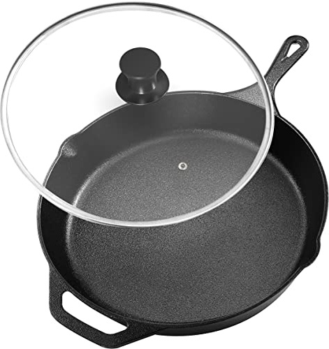 Utopia Kitchen Cast Iron Skillet 10 Inch with Lid Chefs Frying Pan Black | Chefs Pan, Pre Seasoned Skiller, Indoor and Outdoor Use, Grill Safe Cookware, Even Heat Distribution, Durable