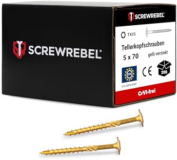 SCREW REBEL® Tellerkopfschrauben 5x70mm – [200 Stück], – Kraftsparend dank Reibteil & Cut-Spitze – selbstschneidend, TX25 Antrieb – Holzbauschrauben mit ETA-Zulassung – CrVI-frei & korrosionsbeständig