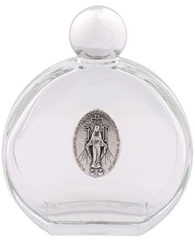 Weihwasserflasche | Glas mit wundertätiger Medaille Metallplatte | Silberfarbener Drehverschluss | Tolles katholisches Geschenk zur Taufe, Erstkommunion und Konfirmation (runde Flasche)